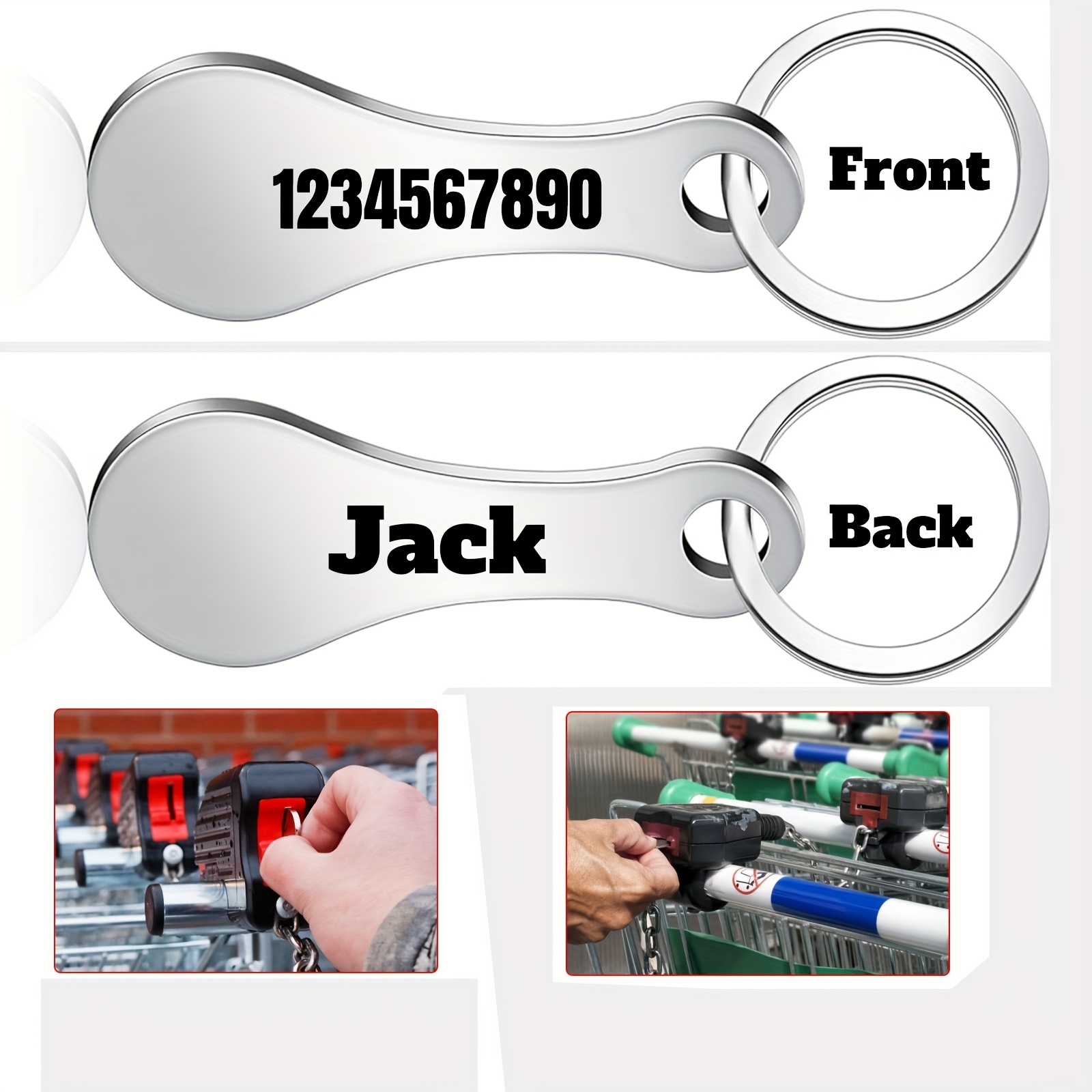 

Custom Stainless Steel Shopping Cart Tokens And Keychains, Personalized Text Keychains, Custom Phone Numbers, Loss Prevention Information, Any Text Customization, Double-sided Laser Engraving.