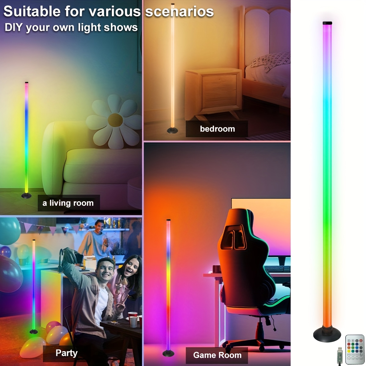1pc Smart LED Floor Lamp, RGB Music Atmosphere Light with Remote Control (battery Not Included), USB Power Supply, Color Changing Dimming, with Timing Function, RGB Night Light, Suitable for Banquet Halls, Game Rooms, Family Gatherings, Festivals