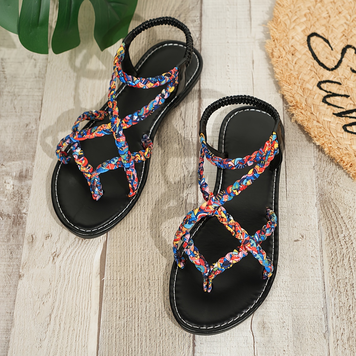womens bohemian flat sandals colorful braided straps open toe rubber sole synthetic insole   beach and   footwear bohemian style rubber sole sandals Product details 18