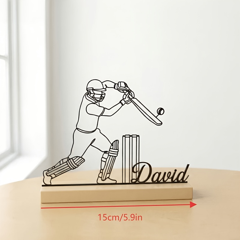 TEMU Personalized Cricket Player Metal Desktop Ornament, Customizable Name Cricket-themed Desktop Artwork, Wooden Base Sports Figurine, Gift For