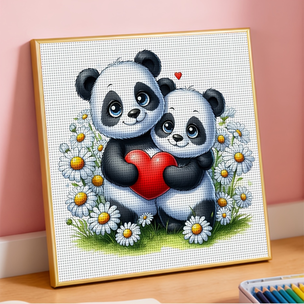 Frameless Cross Stitch Printed Kit, Double Pandas Hugging Red Heart