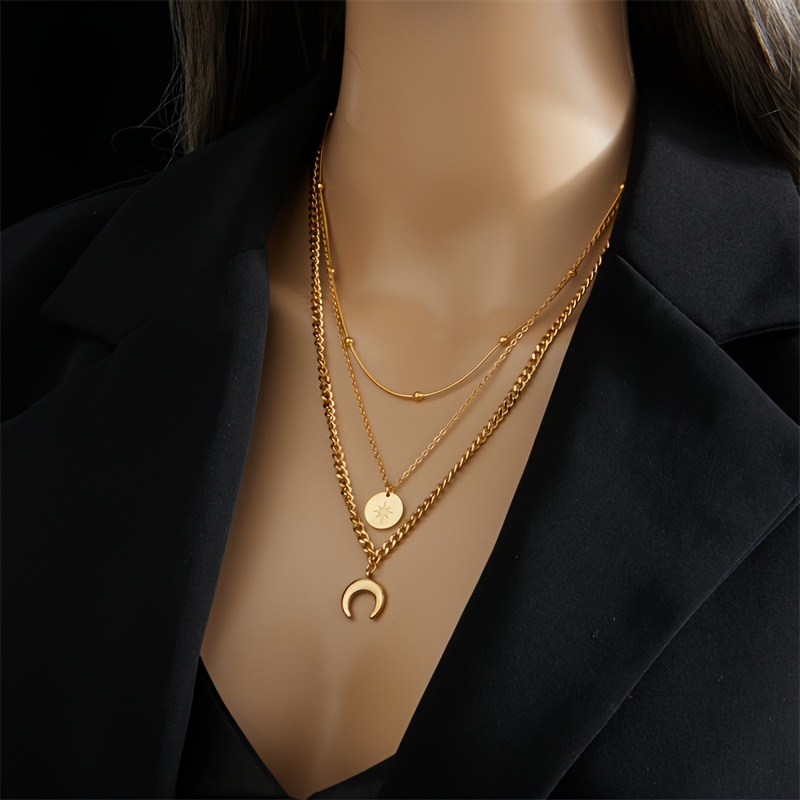 Multi-Layered Crescent Pendant Necklace with Overlapping Stars & Moon