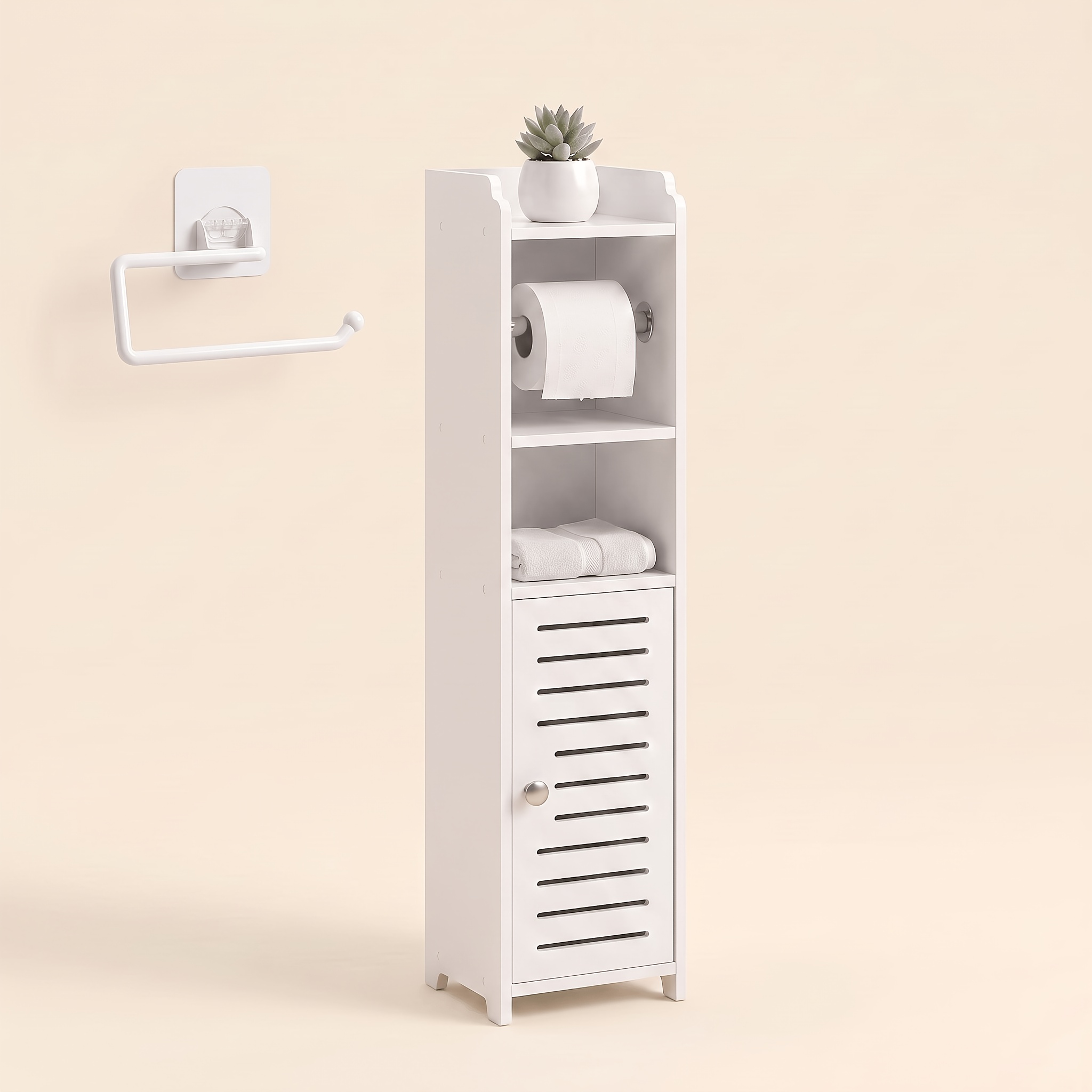 TEMU Slim Bathroom Storage Organizer With Toilet Paper Holder, Freestanding Narrow Cabinet For Small Spaces, Multi-functional Floor Storage Shelf For
