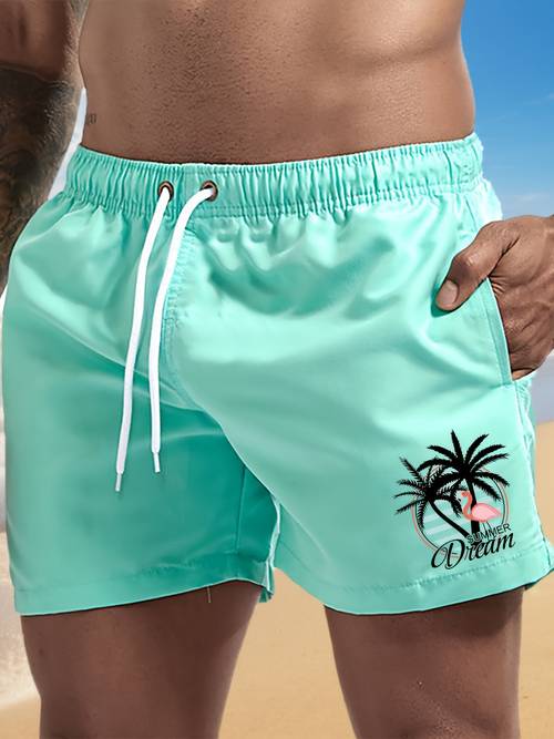 3-Pc Men'S Flamingo Print Swim Trunks - Swim Shorts, Elastic Drawstring Waistband - Lightweight Beach Shorts for Surfing, Swimming, Fitness, Vacation - with Inner Mesh, Non-Sticky Quick-Drying Fabric, Sporty Style, Durable Design, Summer Essential