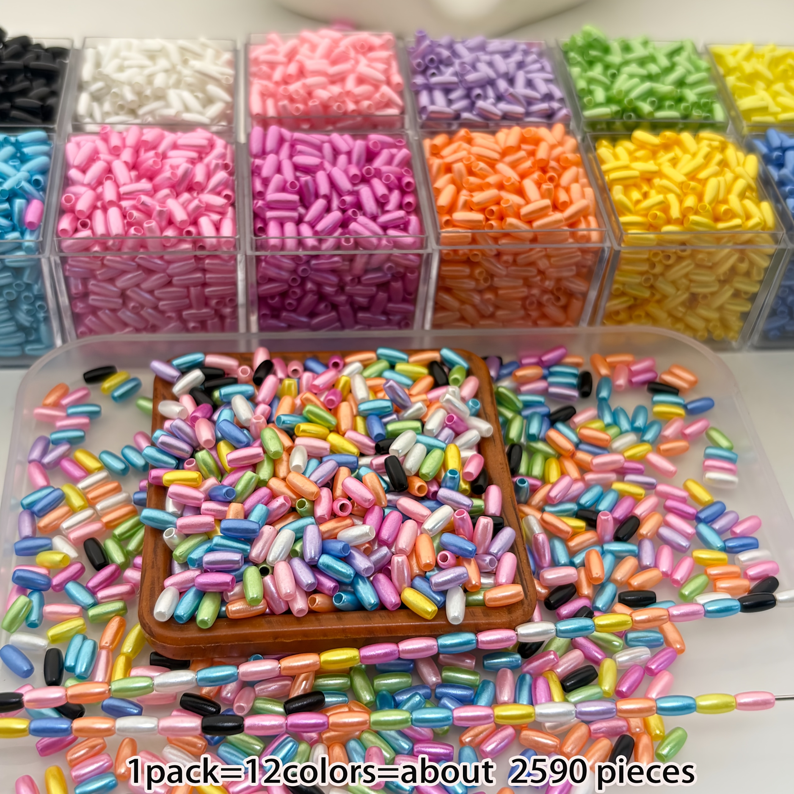 TEMU Lot de 2590 perles d'espacement en acrylique de 12 couleurs 3x6mm, convient pour le tissage à DIY de bracelets, , boucles d'oreilles, bijoux,