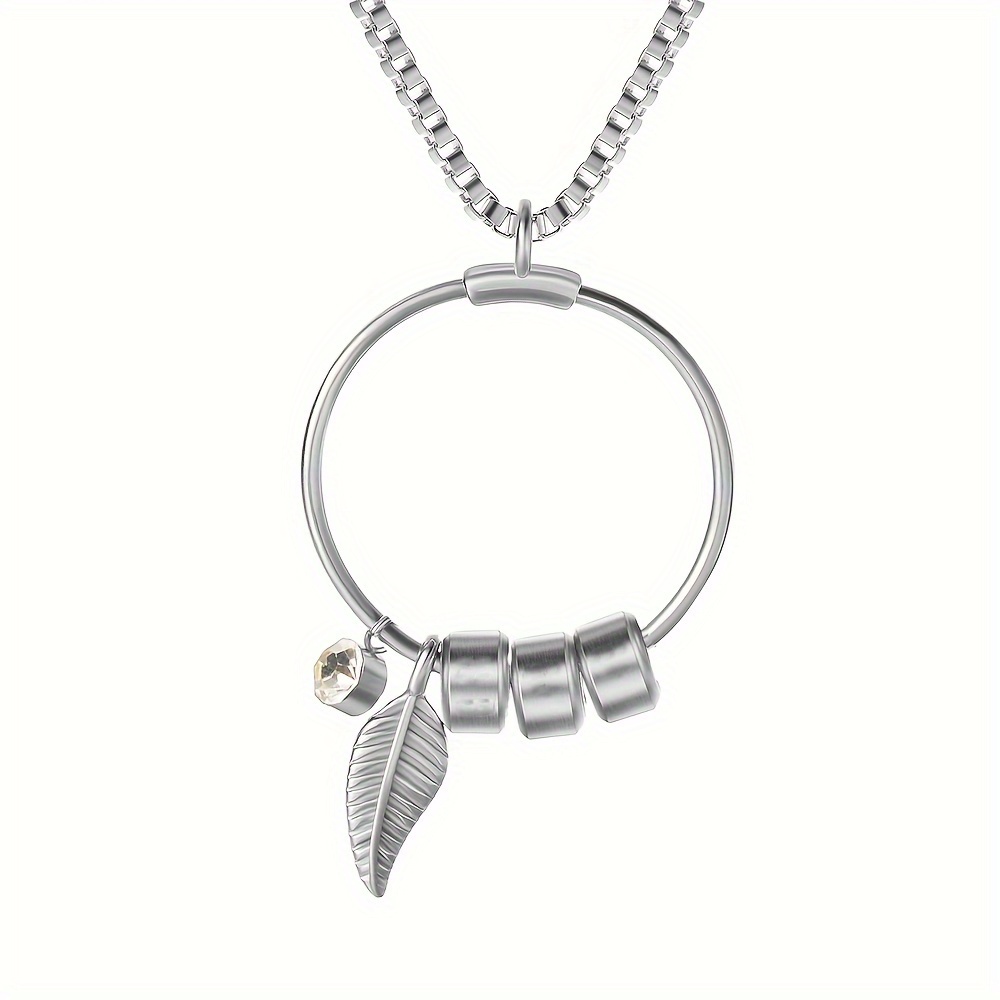 Image of [customized] Personalized Women's Round Pendant Necklace Customized Stainless Steel Beads Family Name Necklace White Rhinestone Bohemian Leaves Mother's Day Gift Family Gift