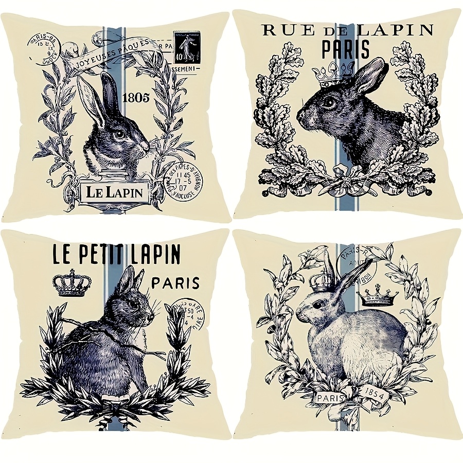 

4-pack Traditional Vintage Rabbit Design Polyester Throw Pillow Covers, Machine Washable Zippered Cushion Cases For Home Decor, Easter Party - 17.72" Square