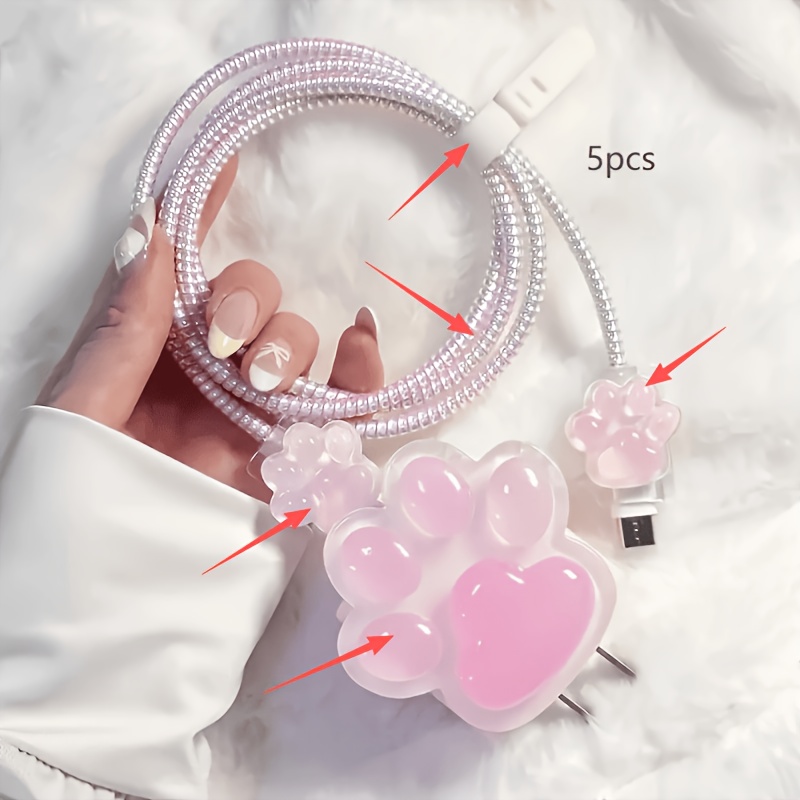 TEMU 5pcs Cat Paw Purple Design Tpu Charging Head Cover And Laser-shot Data Cable Cover For Iphone, Suitable For 18w/20w Fast Charging Data Cables,