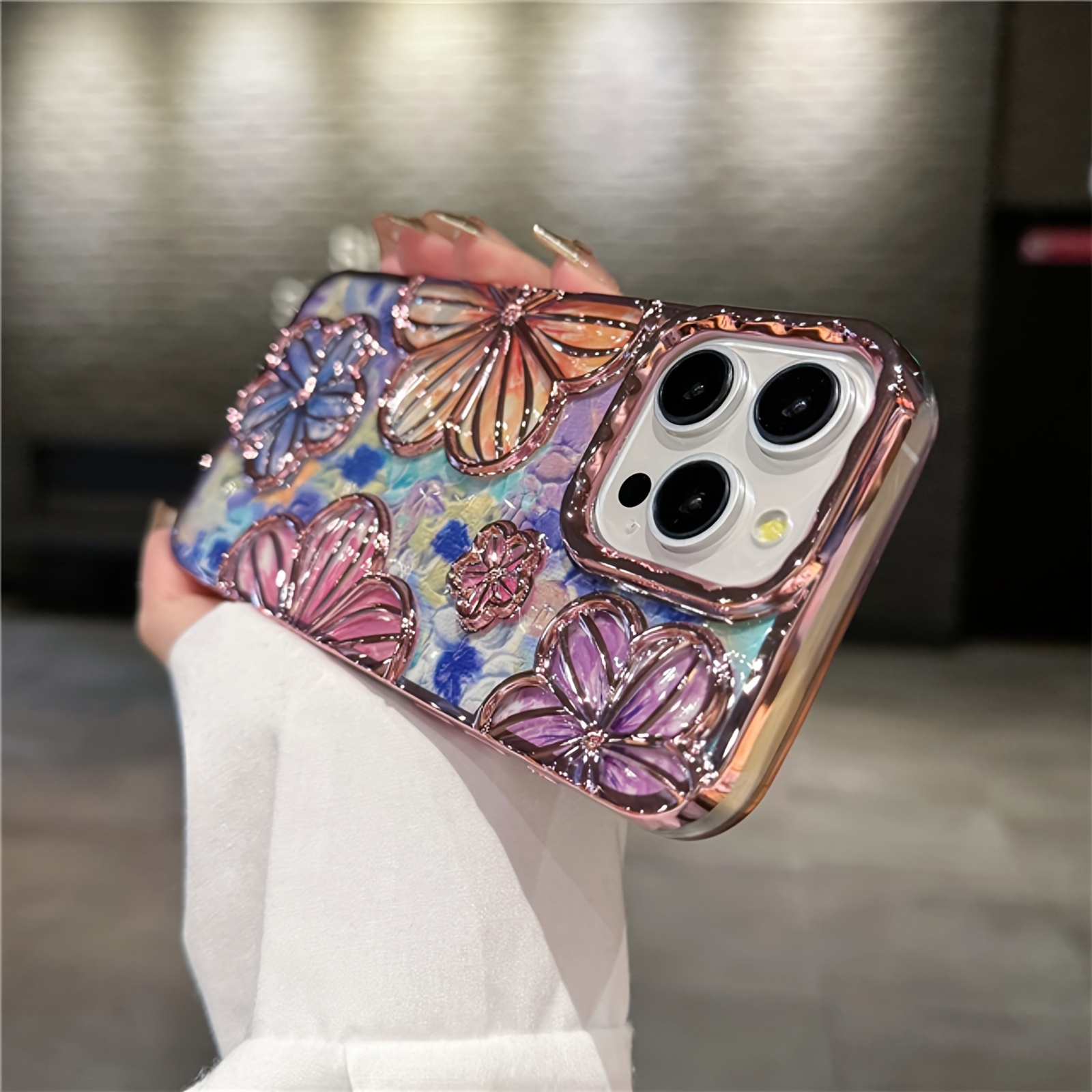 TEMU Phone Case: Y2k Three-dimensional Floral Colorful Oil Painting Instagram-inspired Pastoral Chinese Style New Electroplated Edge Phone Case,