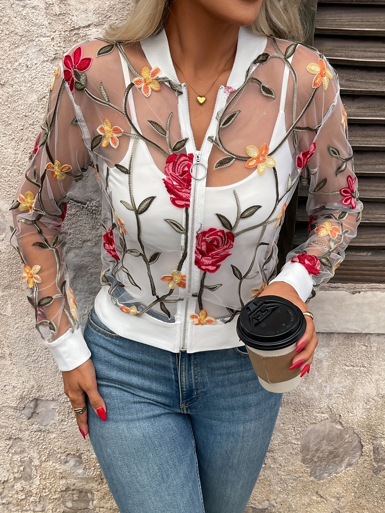 womens floral print chiffon jacket stand collar zipper front