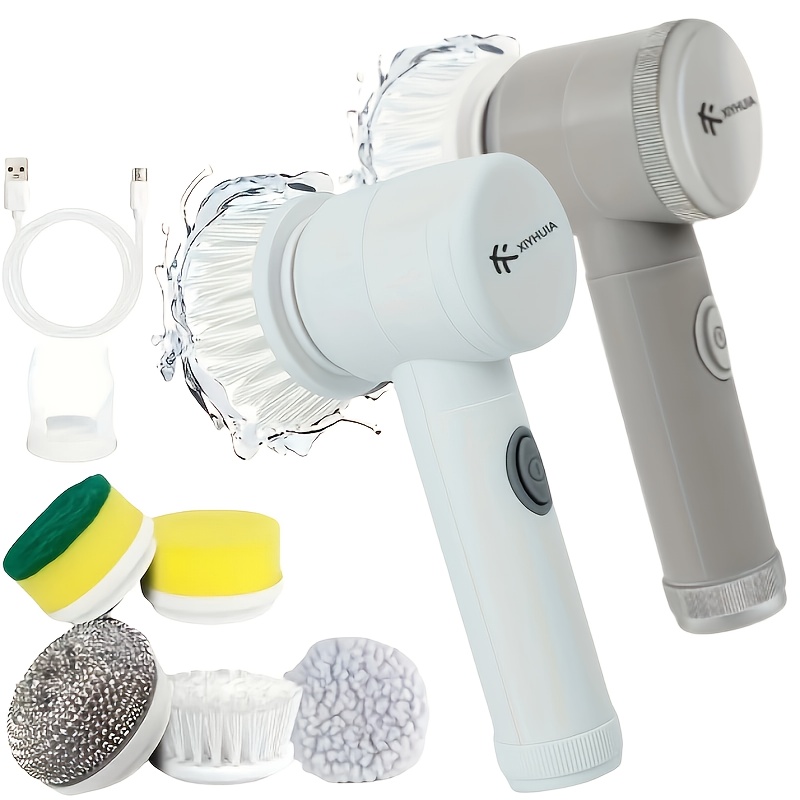 electric rotary scrubber rechargeable multi purpose brush with 5 replaceable brush heads for tiles car glass abs plastic handle portable usb rechargeable 500mah lithium battery kitchen cleaning tools bathroom cleaning supplies Product details 0