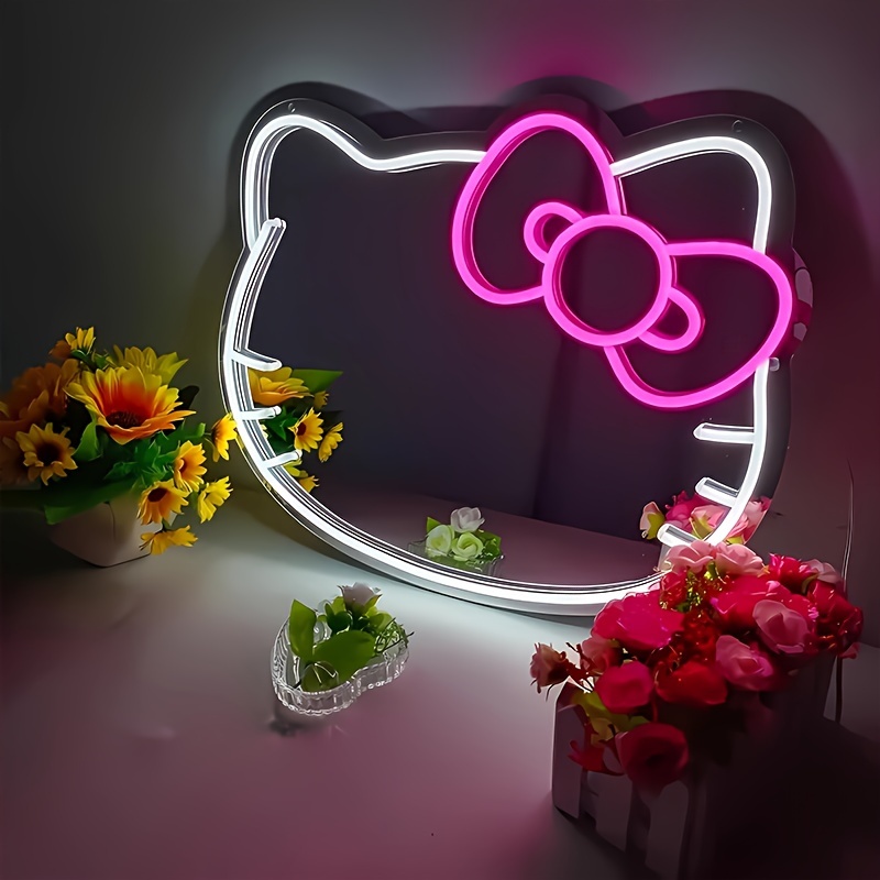 TEMU [authorized- ] Officially Hello Kitty Neon Dressing Table, Mirror Neon, Suitable For Makeup Mirror, Wall Decoration, Bedroom, Living Room Room Decorations, Birthday, Halloween, Christmas Gifts