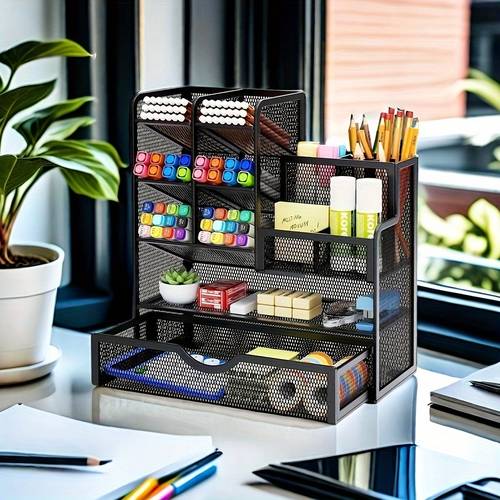 . metallgitter-stifthalter für schreibtisch - multifunktionaler organizer mit schubladen & regalen, schwarzes gitternetz & robuster metallrahmen, ergonomisches design für bürobedarf, künstlerbedarf, heim- oder arbeitsplatzorganisation, schreibtischoptik, stabile konstruktion