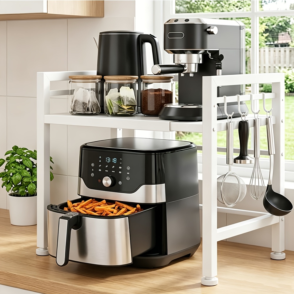 TEMU Adjustable 2-tier Kitchen Storage Rack For Microwave And Oven, Extendable Metal Countertop Organizer With Open Storage Shelves, Perfect For