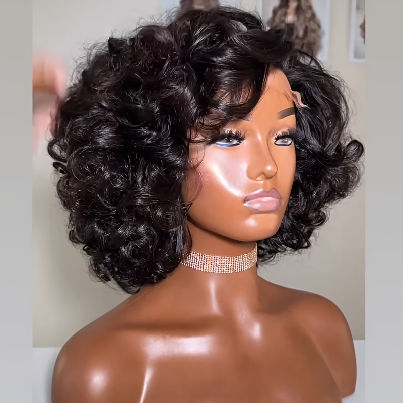 TEMU Glueless Human Hair Wig Suitable For Music Festival & Party, Curly Wave Wig With, Machine-made Full Wig For Density & Volume, Instant Hairstyle