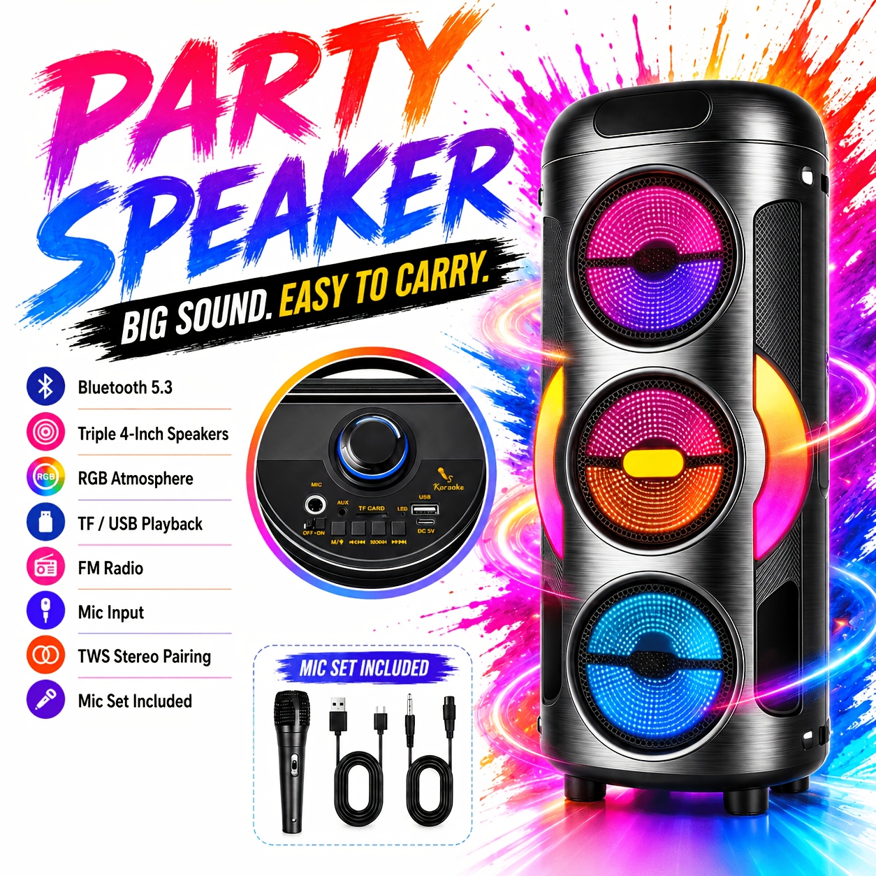 portable wireless karaoke pa speaker with rgb lights tf card usb   radio powerful outdoor     camping home parties autumn gifts