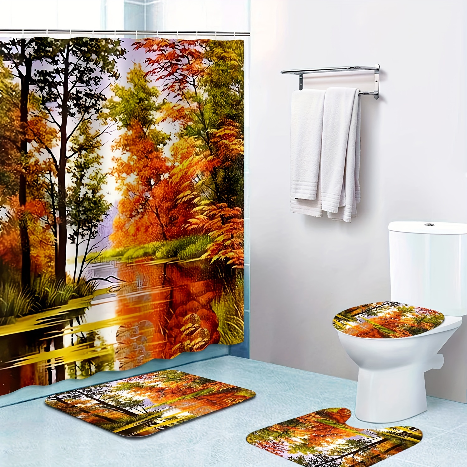 

1/4pcs Autumn Forest Scenery Pattern Shower Curtain Set, Waterproof Shower Curtain With Hooks, Non-slip Bathroom Rug, Toilet U-shape Mat, Toilet Lid Cover Pad, Bathroom Decor