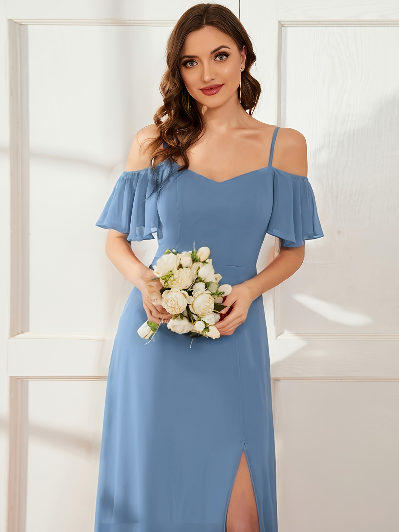 dusty blue bridesmaid dresses with sleeves Chic A Line Dusty Blue Chiffon Slit Bridesmaid Dress with Flared Sleev –  Anniebride