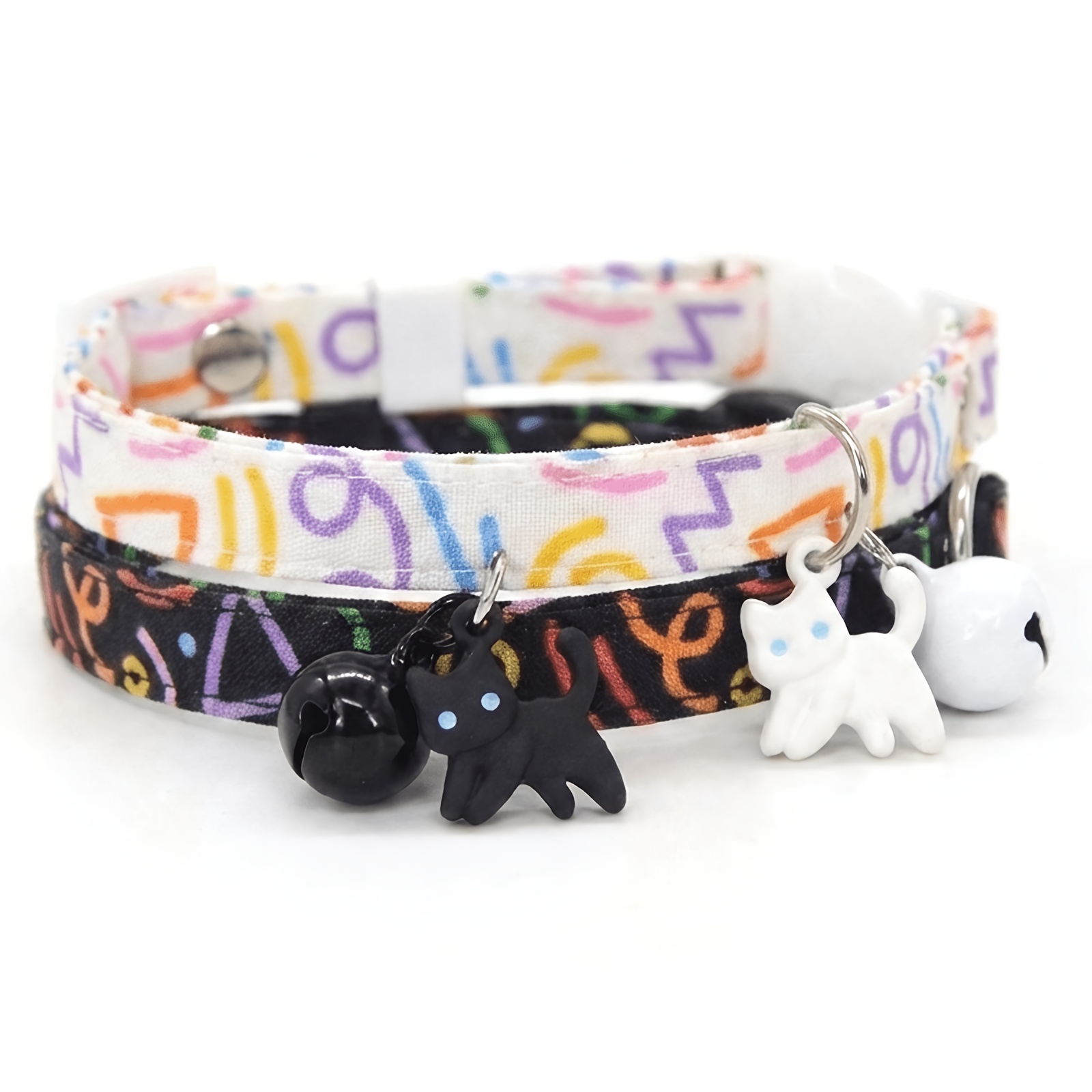 TEMU 2pcs Set Colorful Graffiti Print Cat Collar With Cute Kitten Charm And Bell, Soft Adjustable Abstract Pattern Kitten Neckband, Black And White