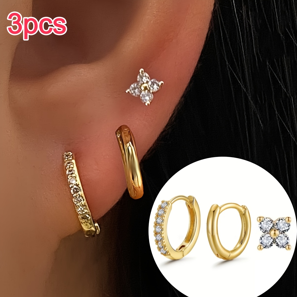 TEMU 3pcs Elegant Fashion Style Women's Circular Stainless Steel Earring Set, Stackable For Multiple Ear Piercings With Cz Inlaid Exquisite Cute Mini