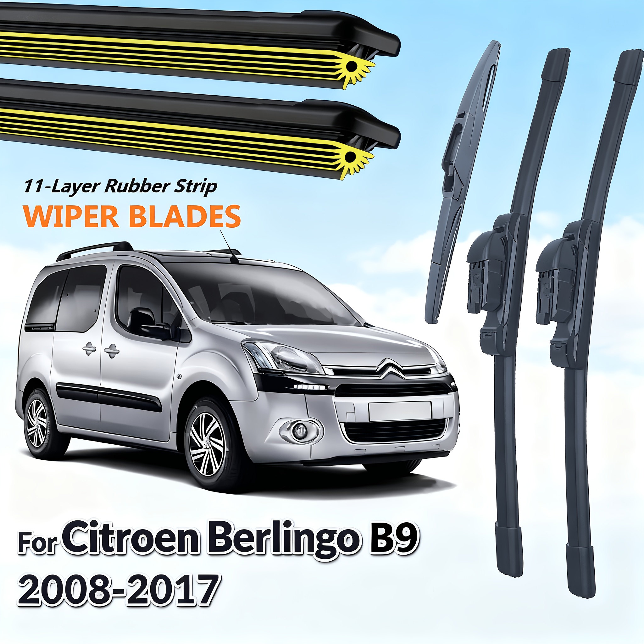 TEMU Balais d'essuie-glace et arrière pour Berlingo B9 2008-2017, brosses de vitre de pare-brise, essuie-glace à bande en caoutchouc à 11 couches