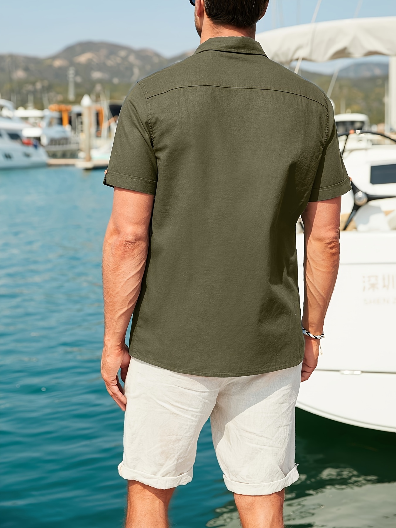 bohemian style patched trim men's short sleeve shirt for summer beach vacation, men's cotton and linen shirt army green 1