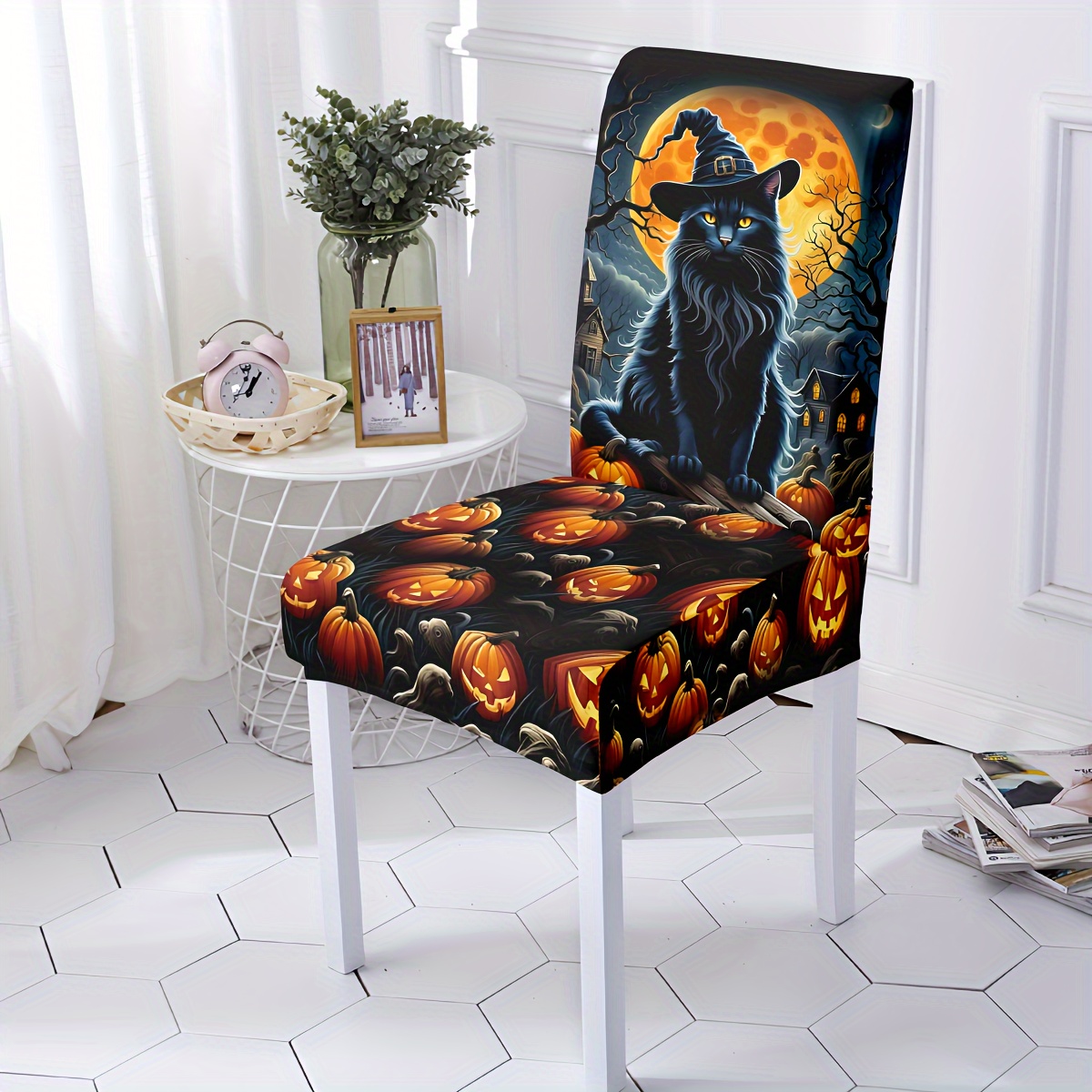 

4/6pcs Cat Pumpkin Pattern Chair Cover, Stretchy Fiber Fabric Fabric, Printed Elastic Dining Chair Cover, For Dining Room, Living Room, Home Decor, Atmosphere Decor