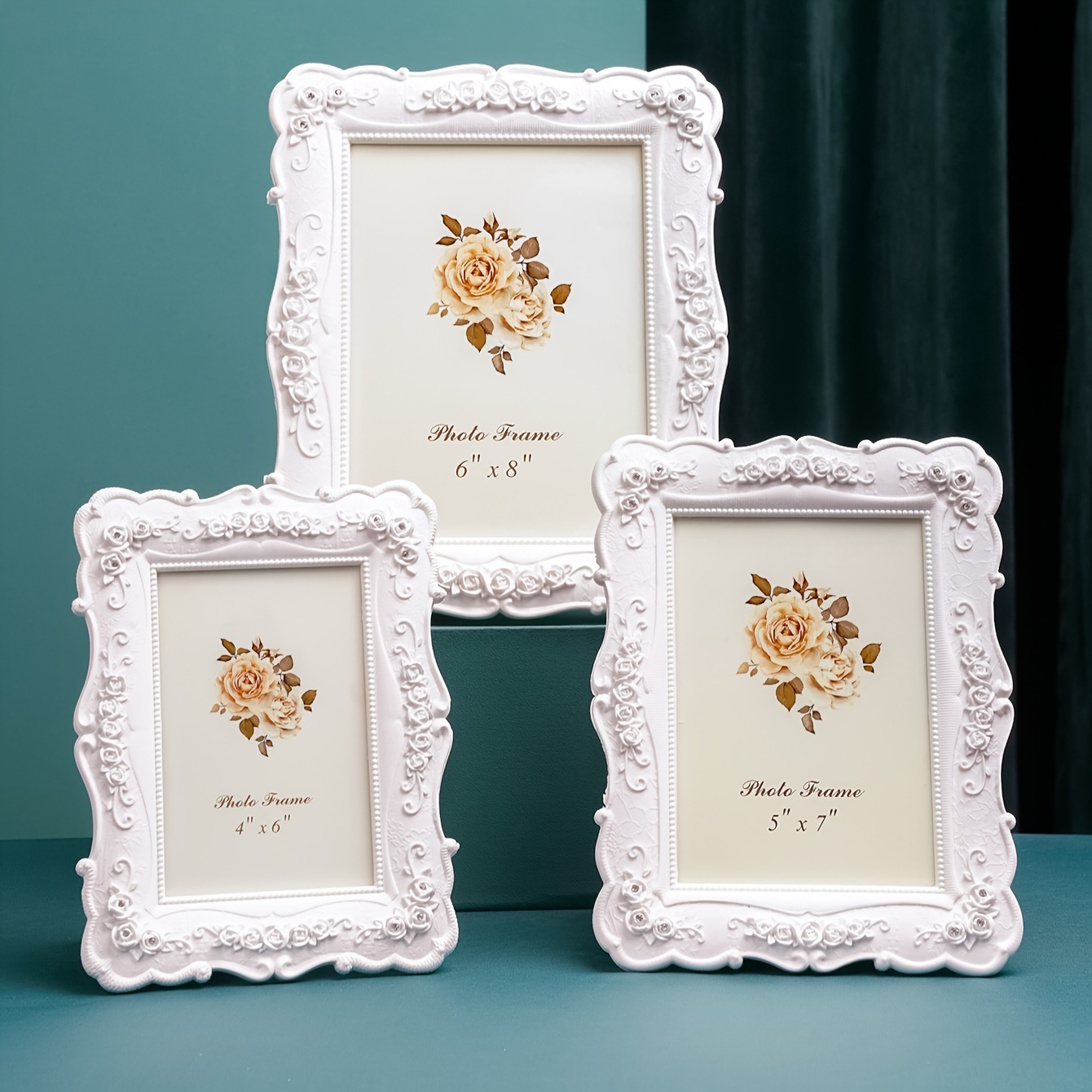 

1pc Elegant White Rose Photo Frame - 6x8, 7x10, 9x12 Inch Desktop Display, Artistic With Scalloped , Decor