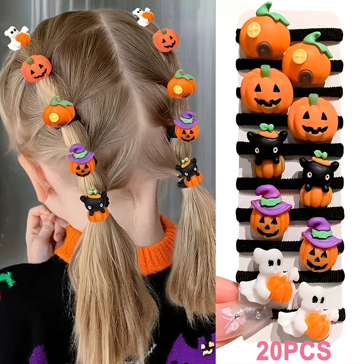 20pcs Multicolor Fun And Stylish Halloween Hair Ties With, Pumpkin, And Witch Hat Patterns, Suitable As Halloween…: retailer-supplied image