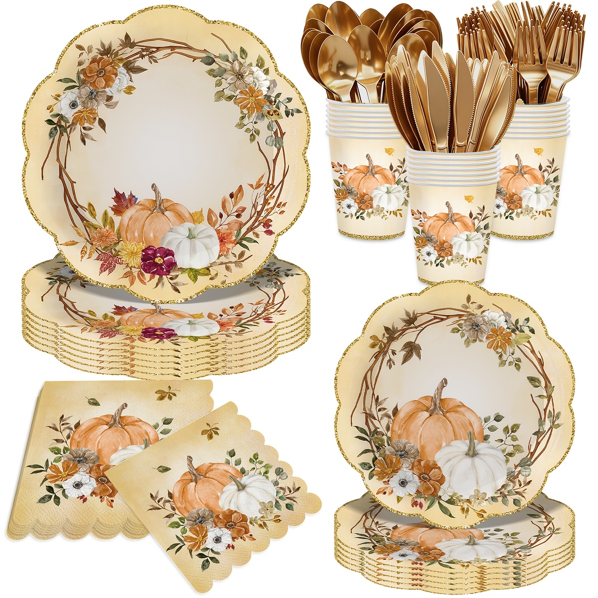 TEMU 140pcs, Fall Party Supplies Retro Pumpkin Tableware Set, Thanksgiving Party Decorations Paper Plates And Napkins, Autumn Birthday Party Pumpkin