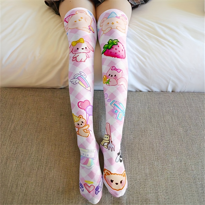 1 Pair Cartoon Bunny And Strawberry Print Women's High Over-the-knee Socks, Thin, Beautiful, Fun And High Stretch Socks Are The Best Gifts