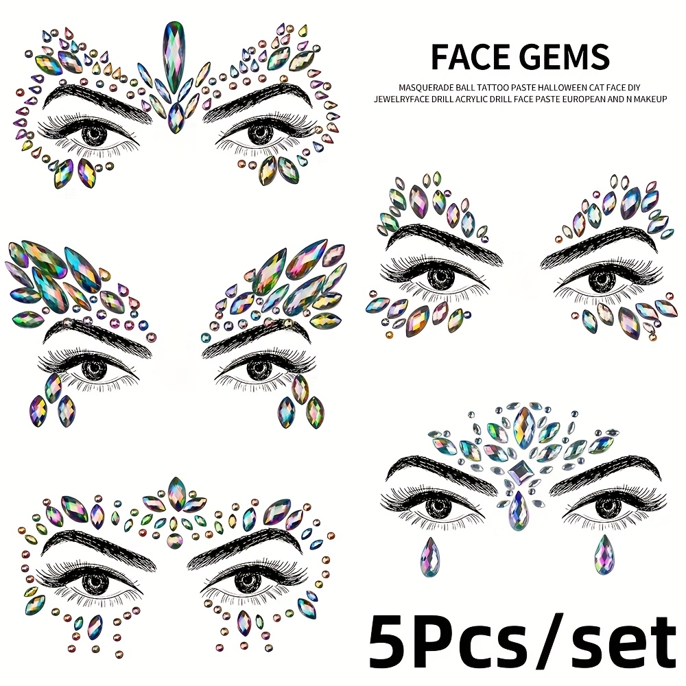 Image of 5 Sheets Of 3d Rhinestone Face Jewel Stickers Featuring A Of Colorful , Self-adhesive Acrylic Diamond Decorations Are Perfect For Parties, Halloween, Festivals, And Music Concerts