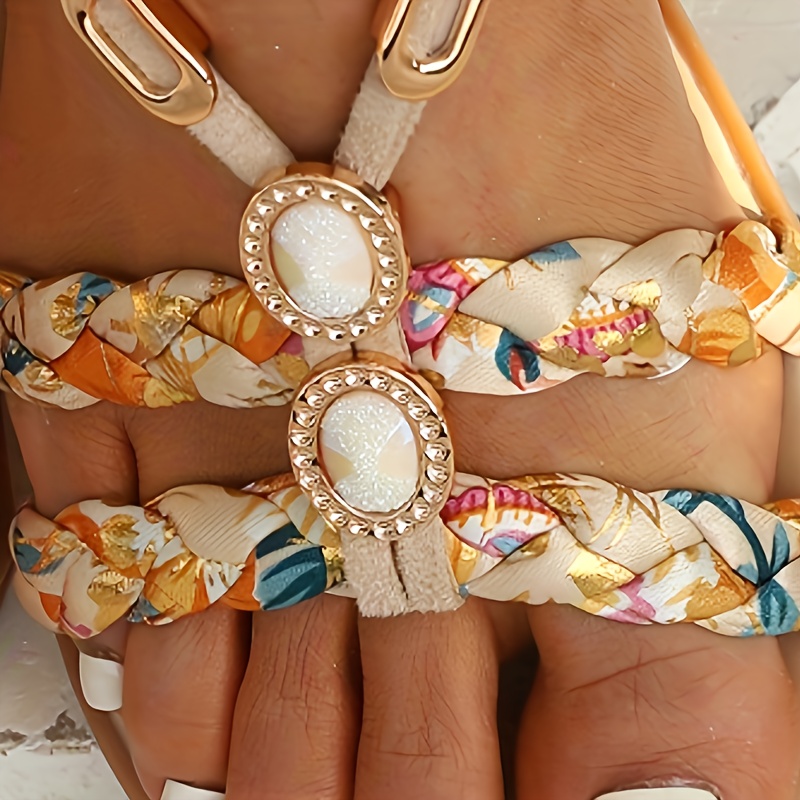 New Bohemian Style Women's Woven Sandals Flat Bottom Casual Open-toe Summer Shoes, Colorful Beaded Belts, Slight Pull-on Design, Machine Washable, Plus Size Us6-us10.5., Women Shoes