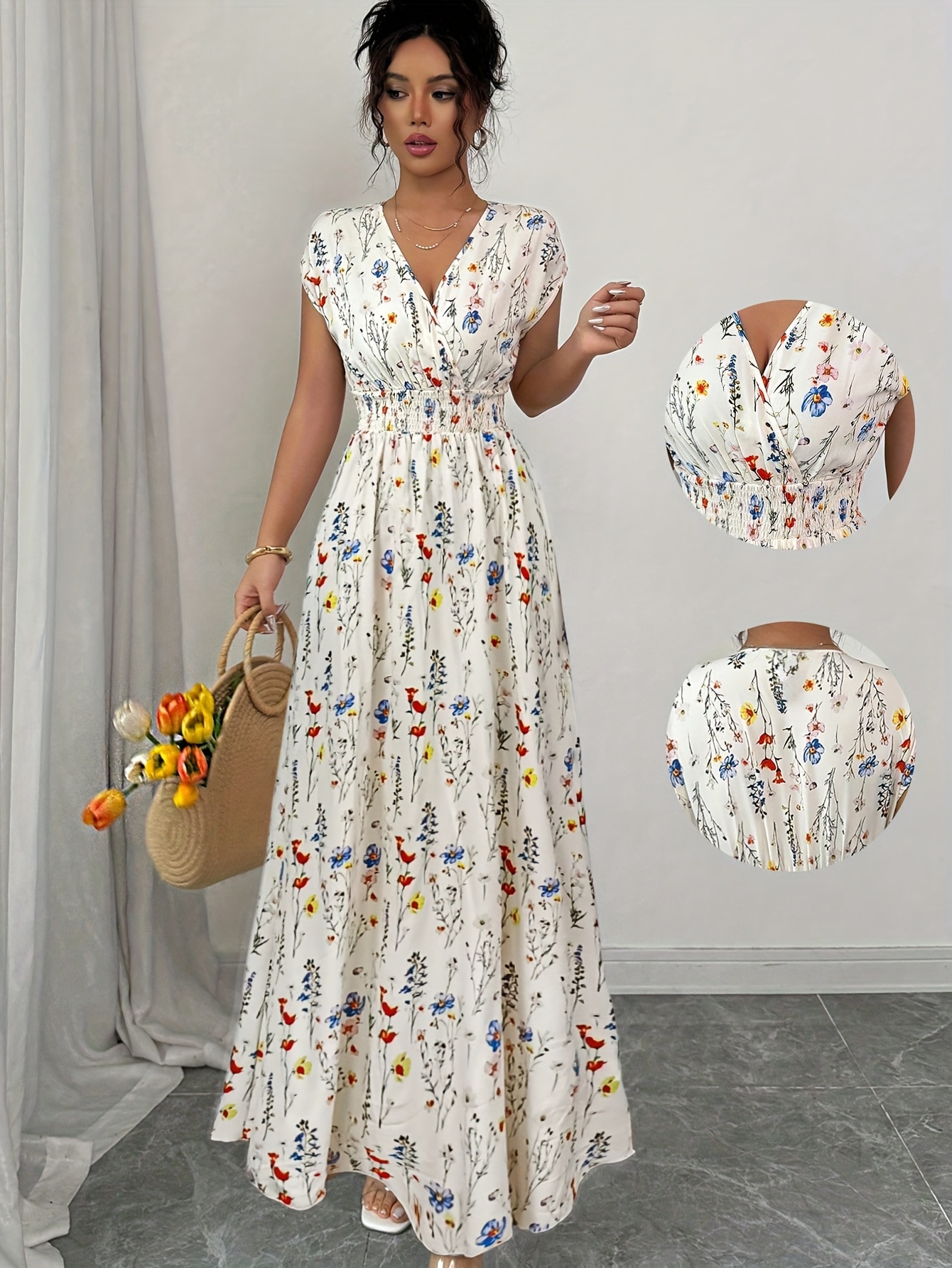womens printed waist cinching elegant v neck dress