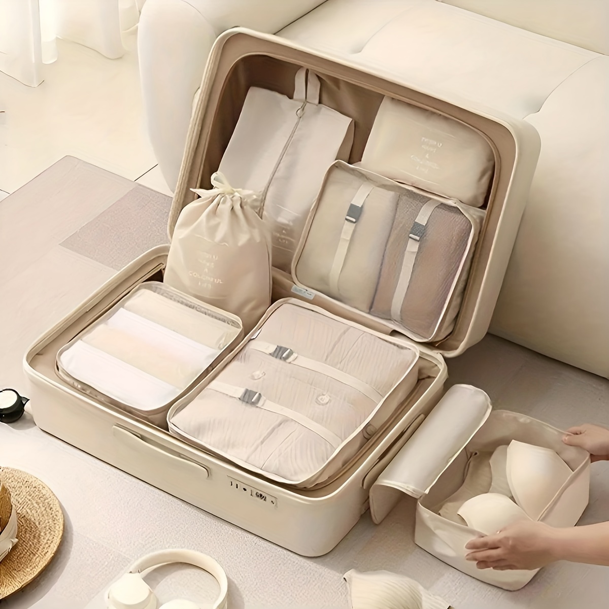 7pcs beige polyester packing cubes set unfinished travel organizer with clothing storage bags independent essentials luggage organizer details 3