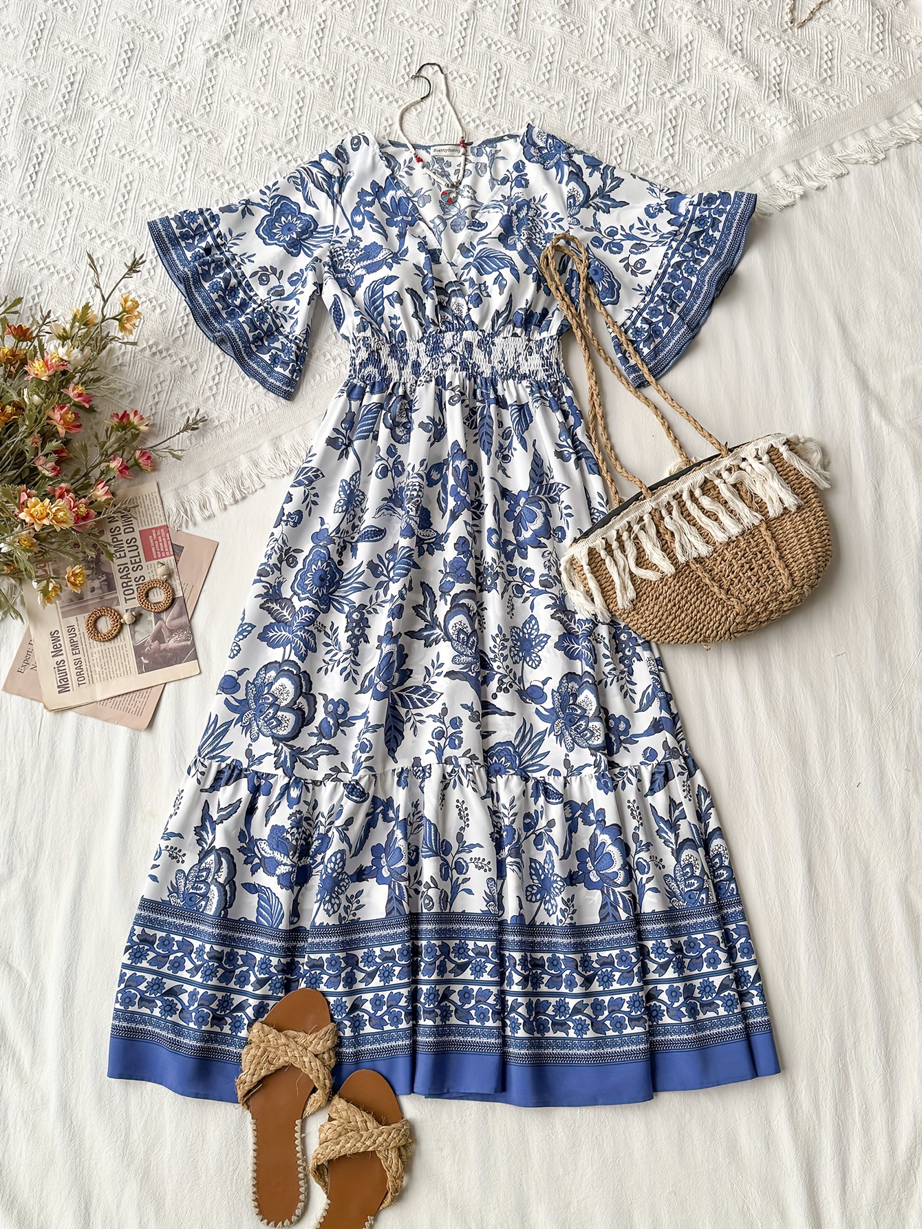 womens bohemian v neck floral print maxi dress hem - Temu Oman