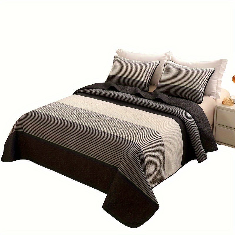 3pcs Brushed Print Quilted Bedding, Black And White Stripe Bedding