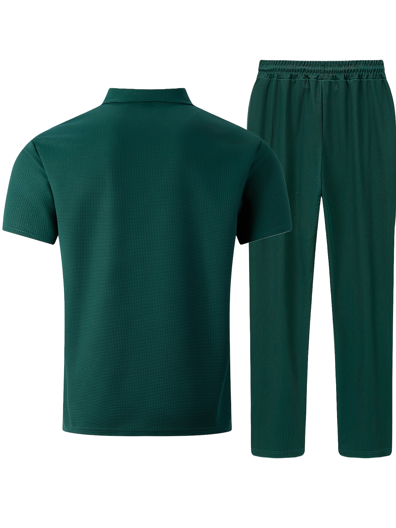 Men's Waffle Knit Casual Double-Pocket Short-Sleeve Shirt with Athletic Long Pants Set