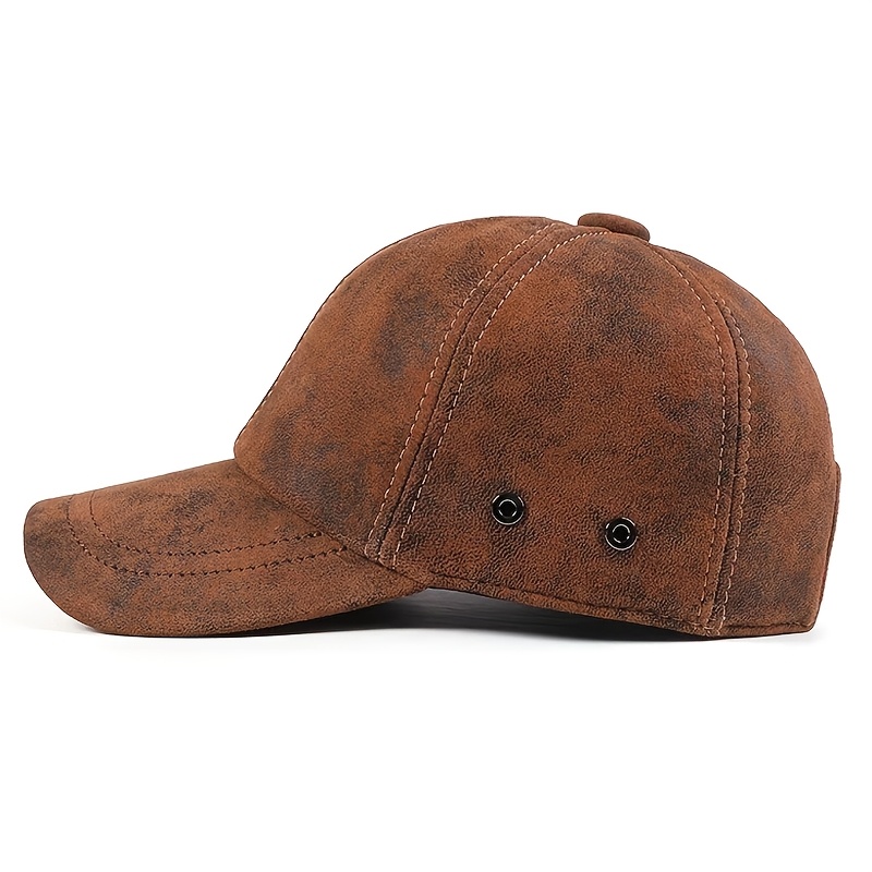 TEMU Men's Genuine Sheepskin Baseball Cap, Spring/autumn Fashion Versatile Genuine Leather Hat, Casual Outdoor Running Hat, Winter Warm Duckbill Cap,