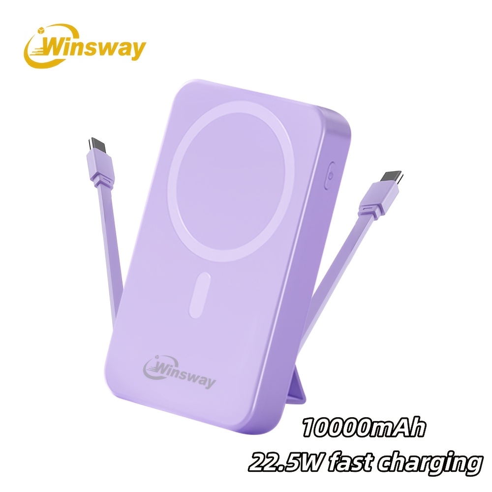 TEMU Winsway 10000mah Magnetic Wireless Portable Charger, 22.5w Fast Charging Battery Pack, Comes With Type-c Data Cable, Usb Interface, Led Display