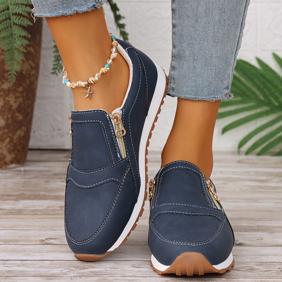 166-23 Navy Blue Women'S Casual Sports Shoes, Suitable for Use During 11 Different Holidays, Comfortable Flat Casual Sneakers for Women, Featuring Double Zipper Closure, Breathable Fabric Upper, Available in Navy Blue And Pink, Round Toe, TPR Sole