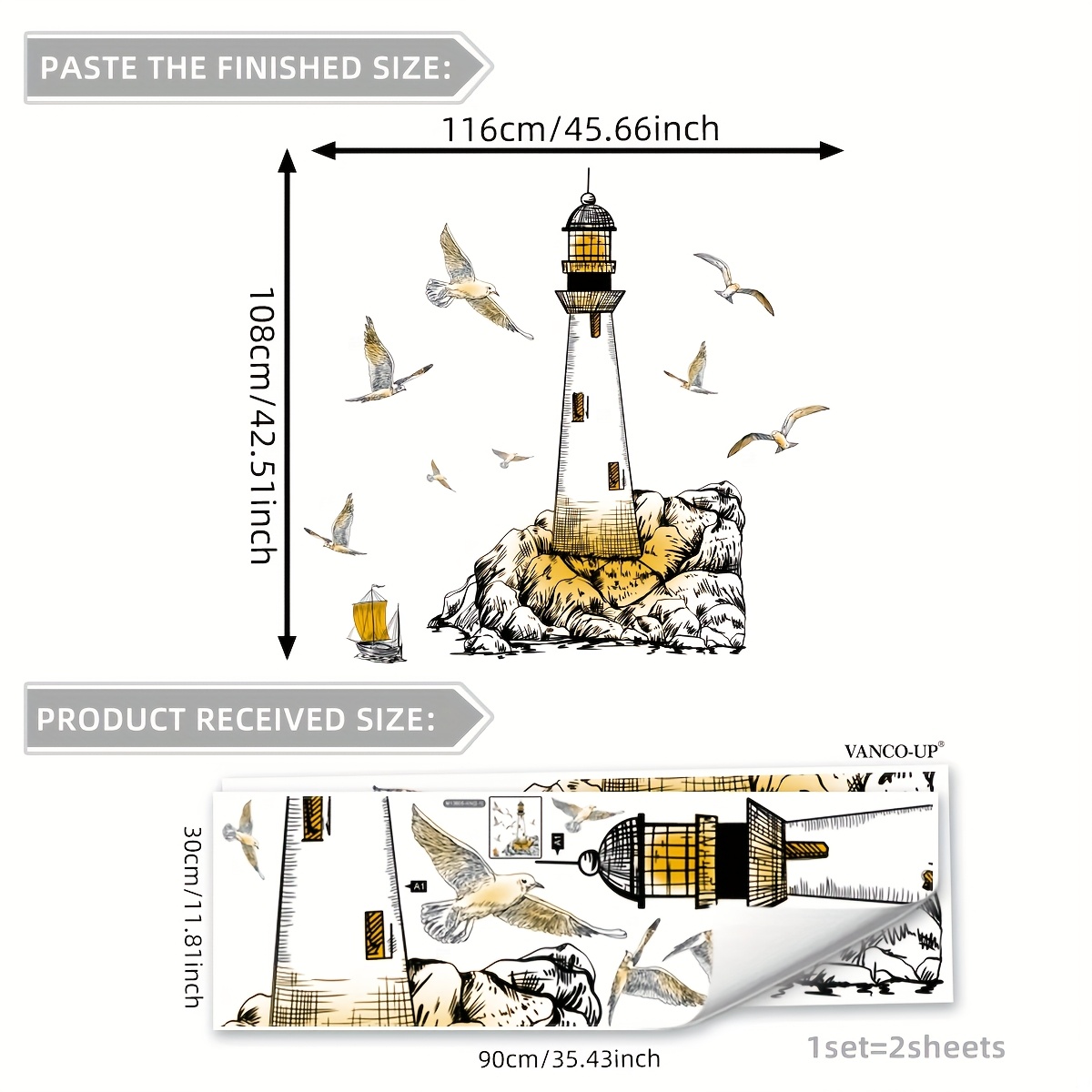 A Set Of 2 Lighthouse Line Seagull Wall Stickers Home Decoration Stickers Self-adhesive