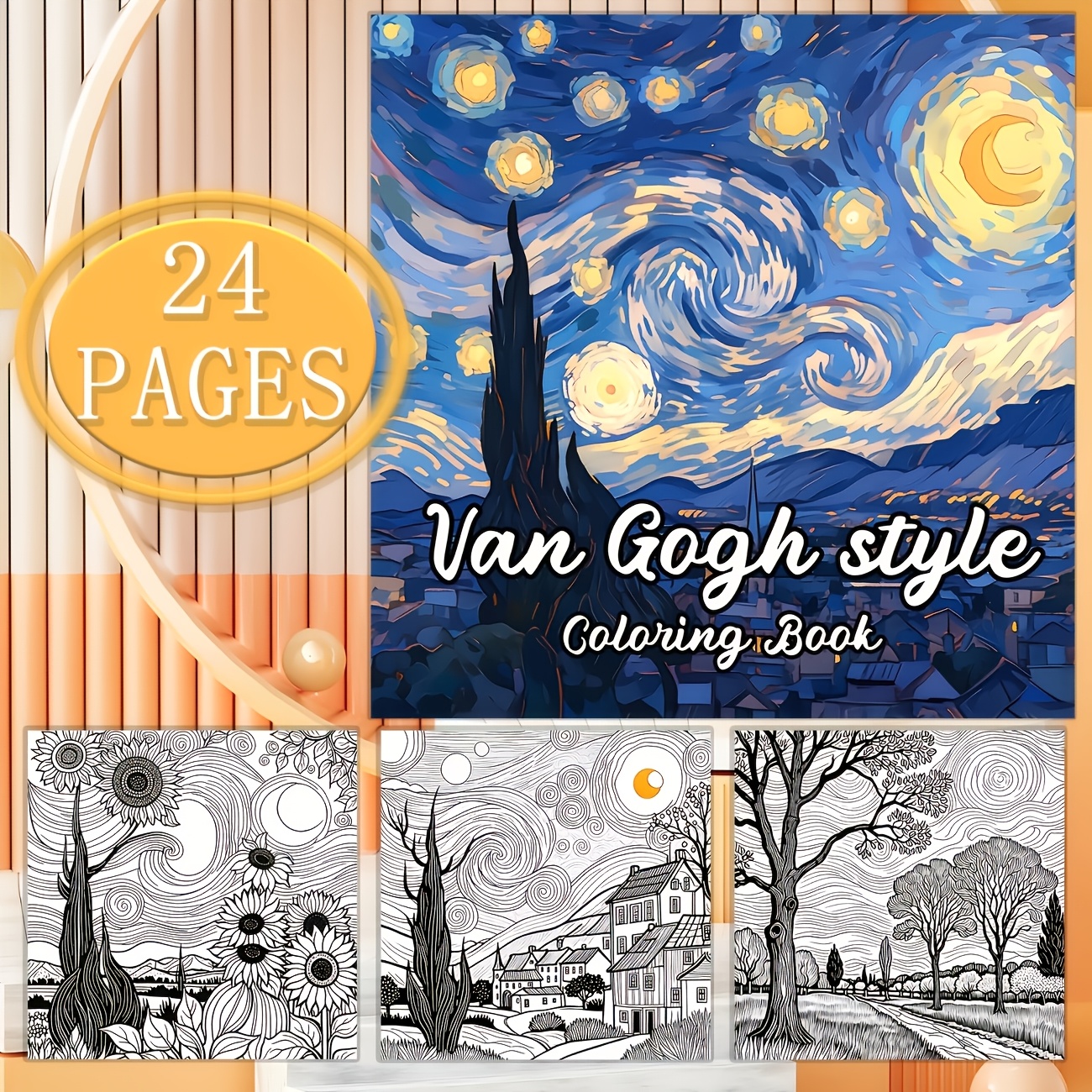 TEMU 2026 Original Upgraded Adult Van Gogh Coloring Book Suitable For Adults & Teens - 24 Thick Paper Pages With Van Gogh, Relax Gift, 7.9x7.9 Inch
