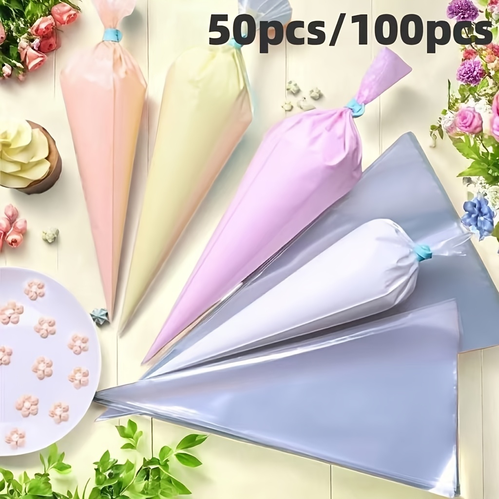 

50/100pcs Premium Disposable Plastic Piping Bags - Thickened & For Cake, Cookie, & Biscuit Decoration - Pastel Colors With Floral Patterns, Baking & Food Supplements, Baking Accessories