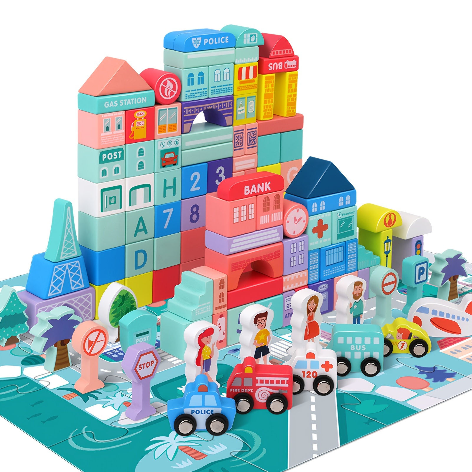 

City Building Blocks Set With Play Mat - Educational Wooden Construction Toy For 3-6, Includes Numbers & Words, Bpa-free & Non-toxic