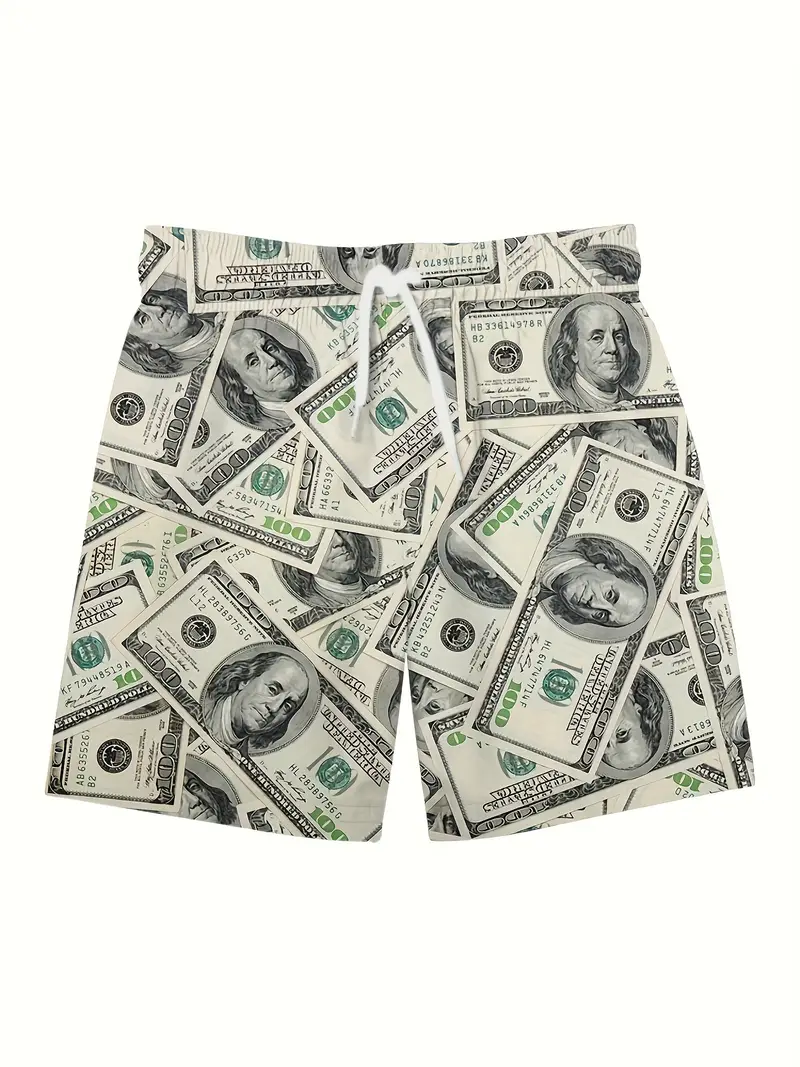 mens trendy money pattern shorts with pockets casual breathable elastic waist drawstring shorts for summer details 3