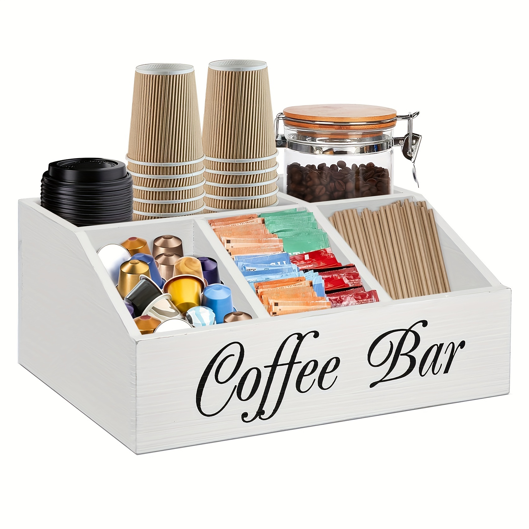 E-shop Holz-Kaffeestation Organizer Tablett - Rechteckige Mehrzweck-Aufbewahrungskorb ohne Wasserdichtheit mit Gewürzhalter, Pod-Aufbewahrung und