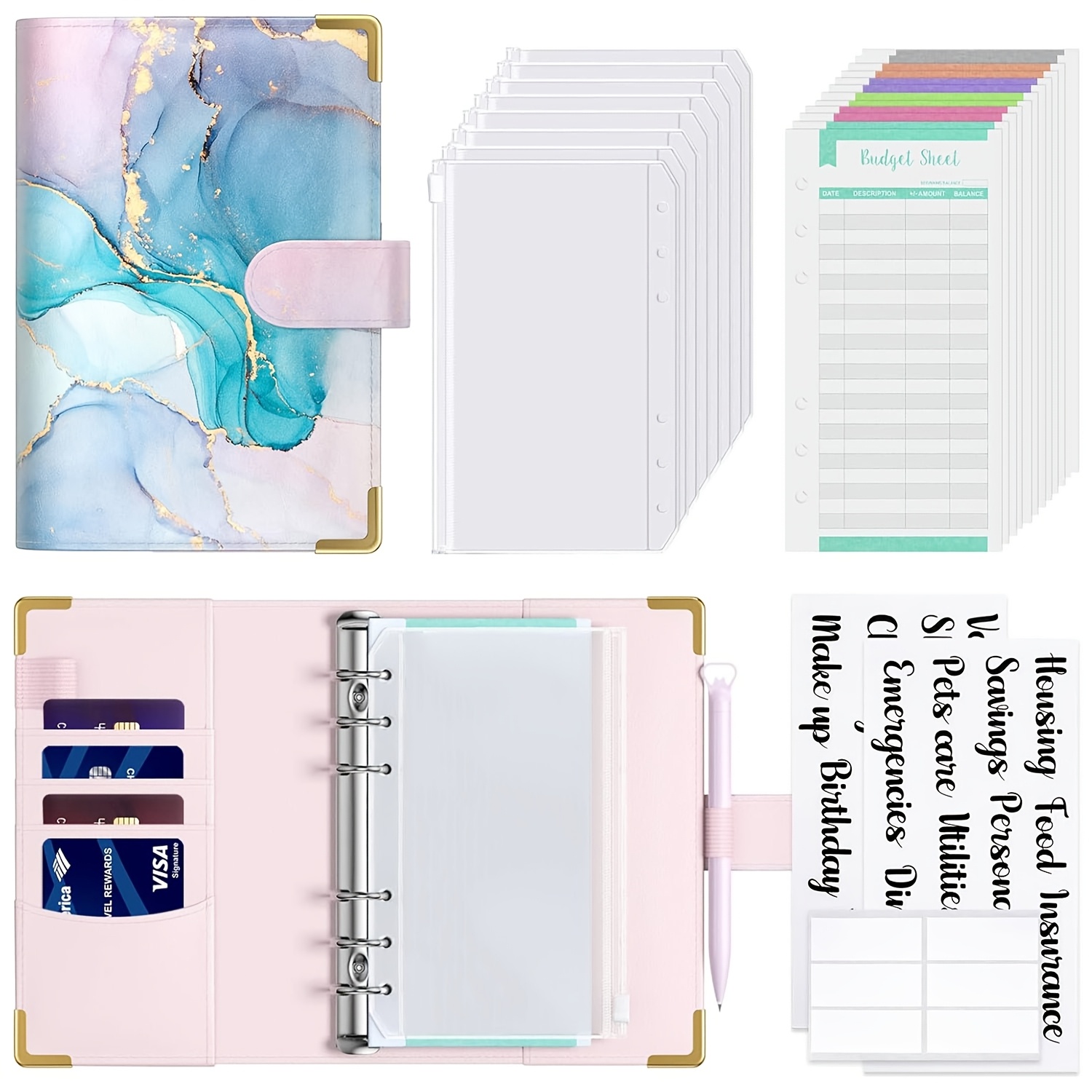Image of Budget Binder With Zipper Envelope, A6 Money- Binder Cash Envelope For Budgeting, Faux Leather Budget Planner For Cash , Bohemian Budget Wallet, Marble Budget Binder