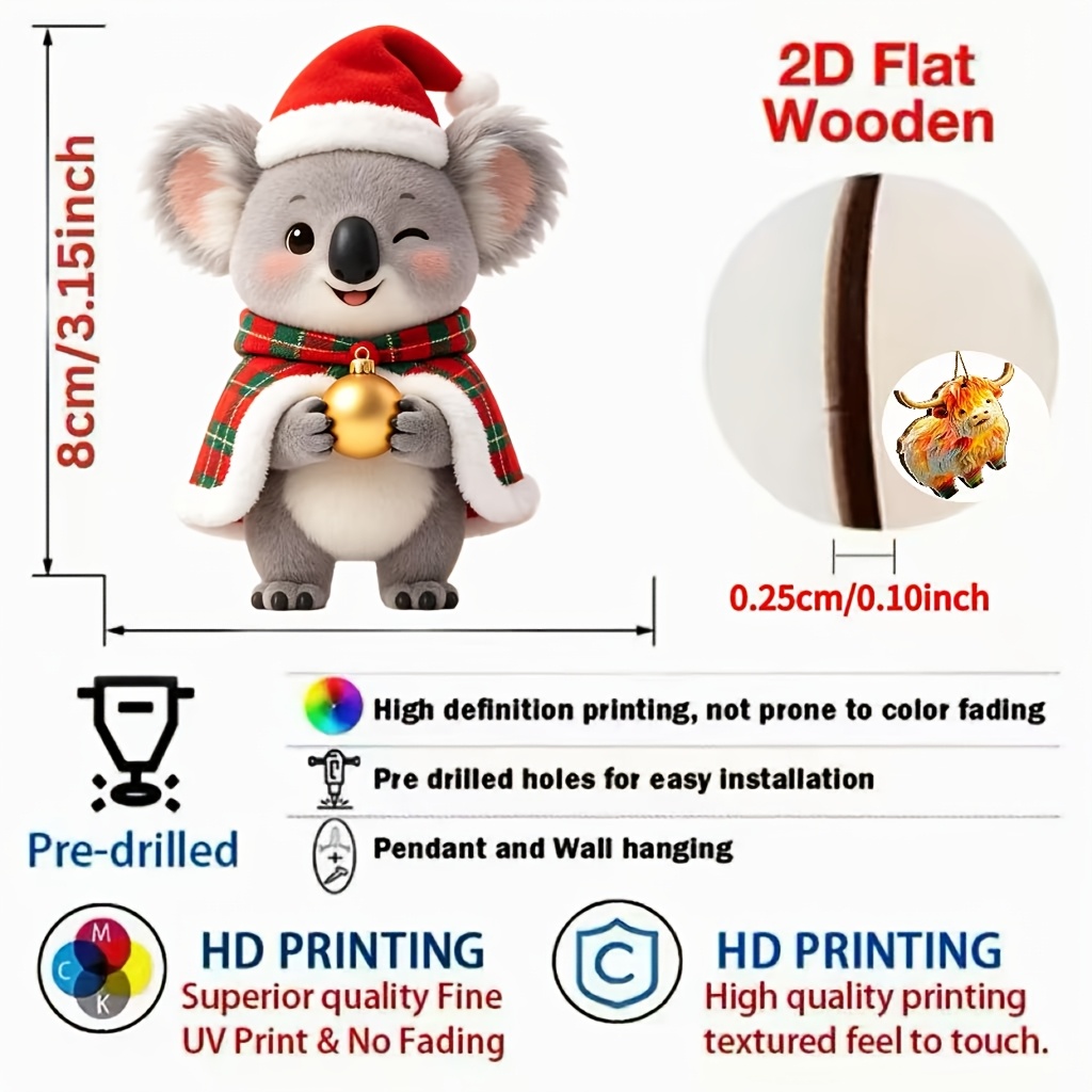 TEMU 2d , 8pcs Set: Wooden Christmas Koala Ornaments - Christmas Tree Decorations And Hanging Ornaments, Suitable For Christmas And New Year