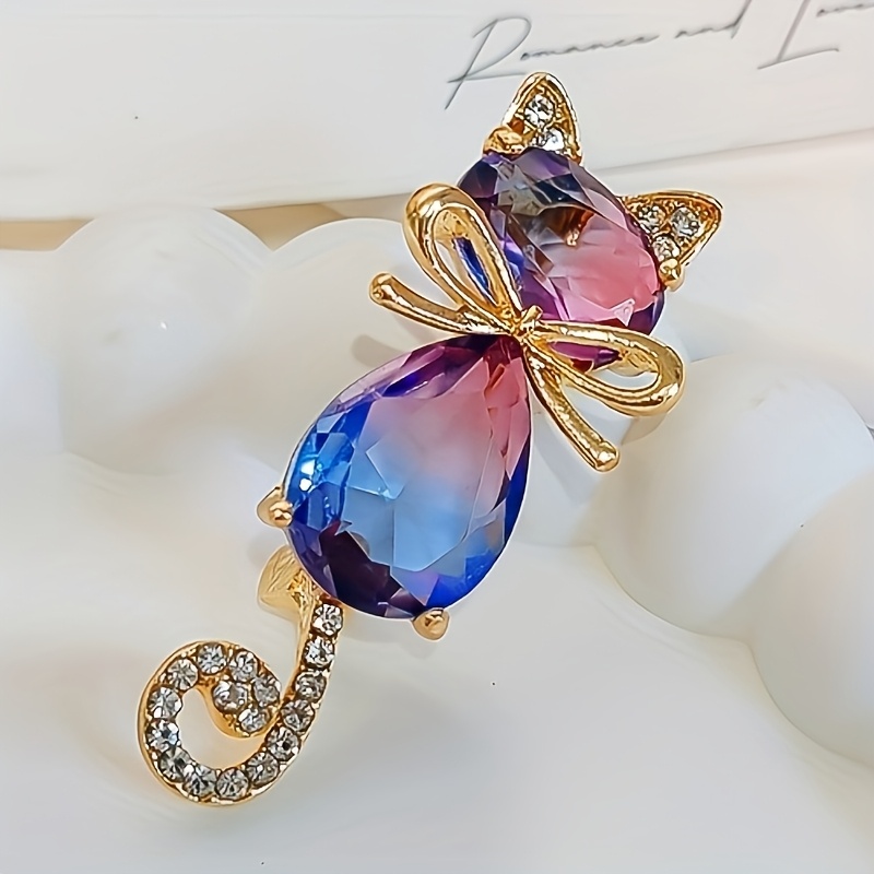 TEMU 1 pieza, Broche para mujer, Pin para solapa, Hebilla para bufanda, Lindo broche de gato con de cristal azul y adornos, Accesorio de ropa de
